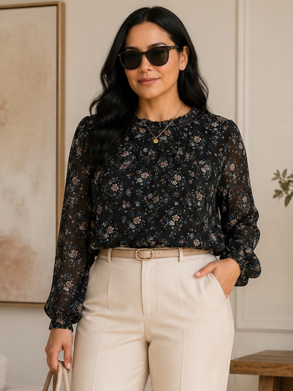 LOFT Black Floral Pintuck Long-Sleeve Blouse